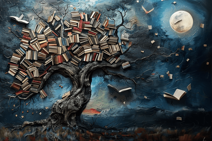 Enchanting artwork depicting a massive tree made of books, with flying pages under a bright moon, showcasing the creative capabilities of Low Cost Printing's AI photography service.