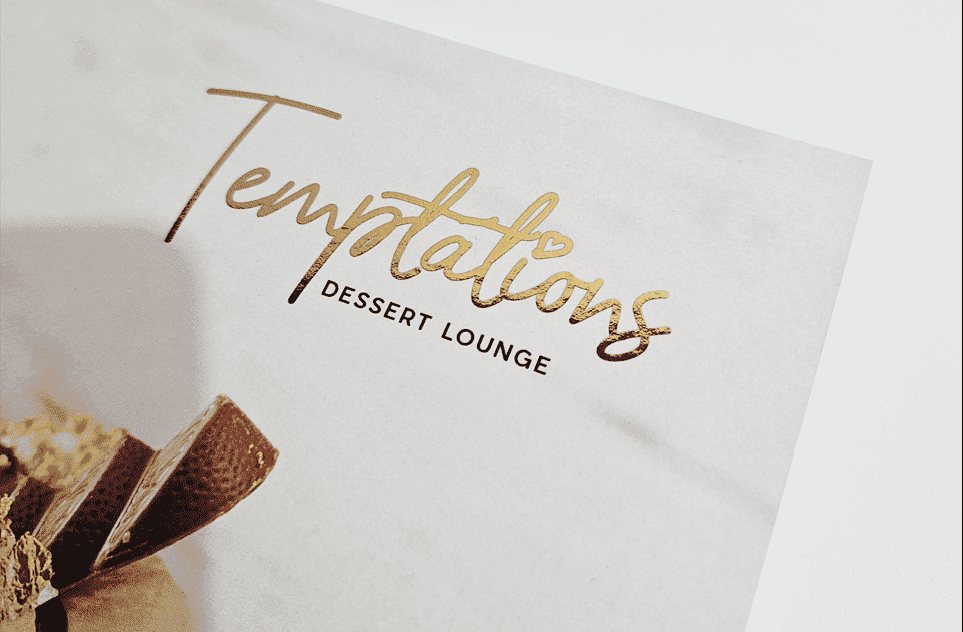 Elegant dessert menu for Temptations Lounge featuring gold digital foiling by Low Cost Printing, highlighting low-cost luxury finishes