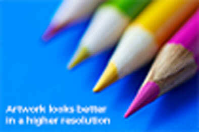 Example of artwork in low resolution showing blurred coloured pencils, illustrating the importance of high resolution for quality printing.