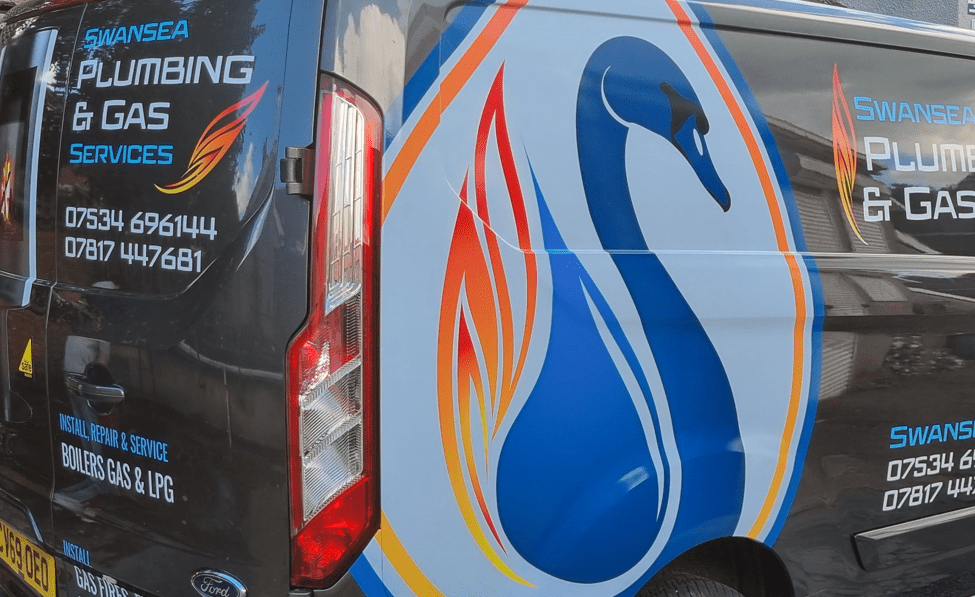 Swansea Plumbing & Gas Services van with vibrant blue and orange graphics and contact information, showcasing expert vehicle branding by Low Cost Printing.